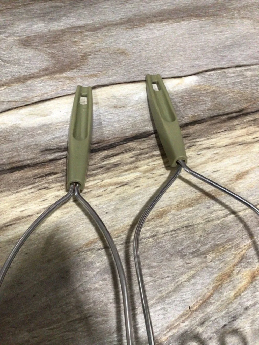 Vintage Green Handle Potato Mashers Set of 2 Stainless Steel Kitchen Utensils.